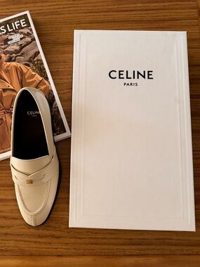 Celine Cream Leather Penny Loafer with Gold Accent
